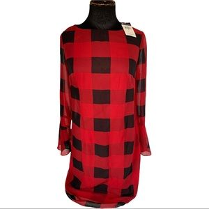 Chaps Dress NWT Buffalo Plaid Red Black Lined Knee Length Bell Sleeve Size 6